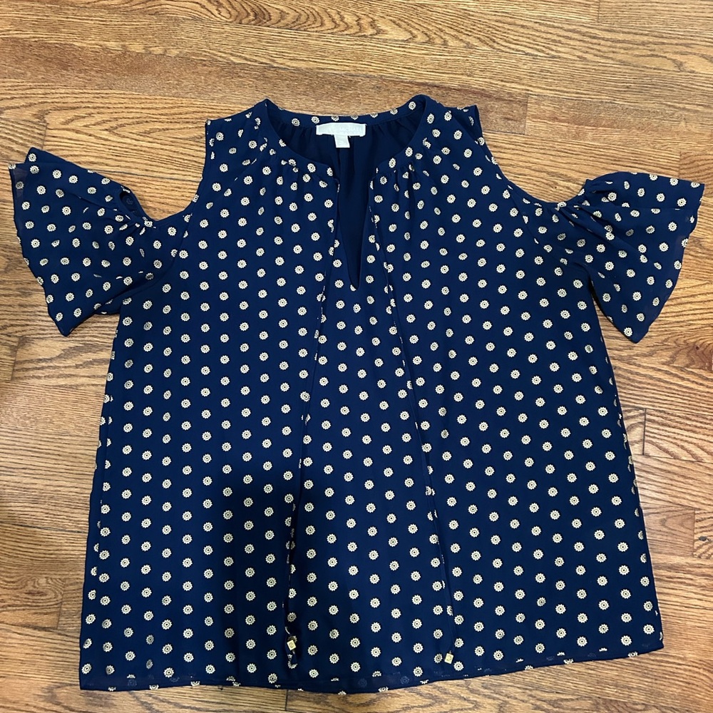 Michael Kors Navy Blouse with Cold Shoulder and Gold Accents